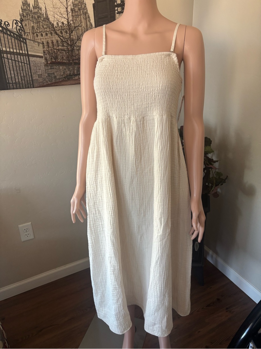 Billabong Cream Smocked Midi Dress with Spaghetti Straps